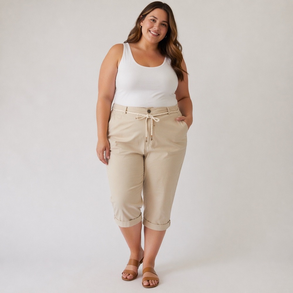 NWT Riders by Lee Womens Khaki Capri Pants Braided Belt Cotton Size 18M 131101M